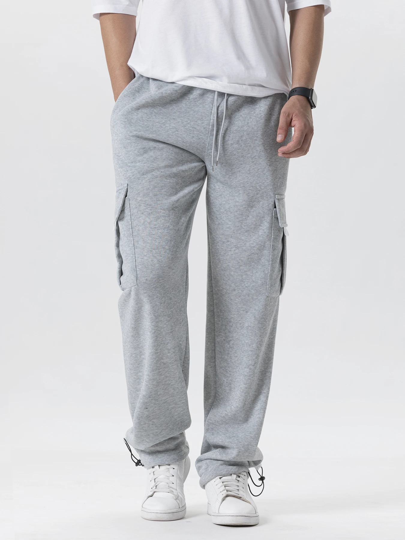 Calça de moletom masculina com vários bolsos, outono inverno, cordão, ajuste reto, corrida, jogger, esportes, academia, calças soltas