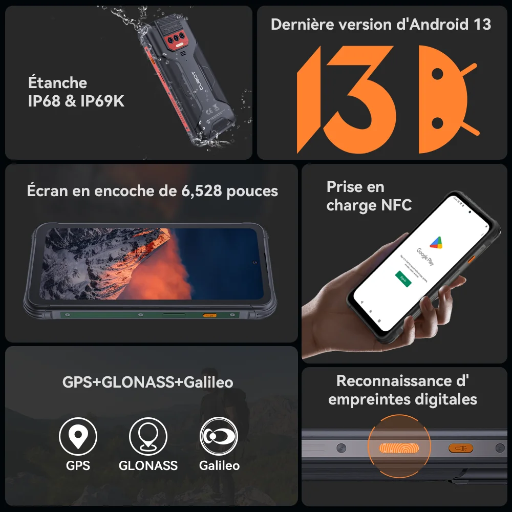 Smartphone robuste et étanche IP68 Android 13, Cubot KingKong 8, Octa-core, 12 Go de RAM(6 + 6 Go), 256 Go Dean, 10600mAh, appareil photo 48MP, NDavid