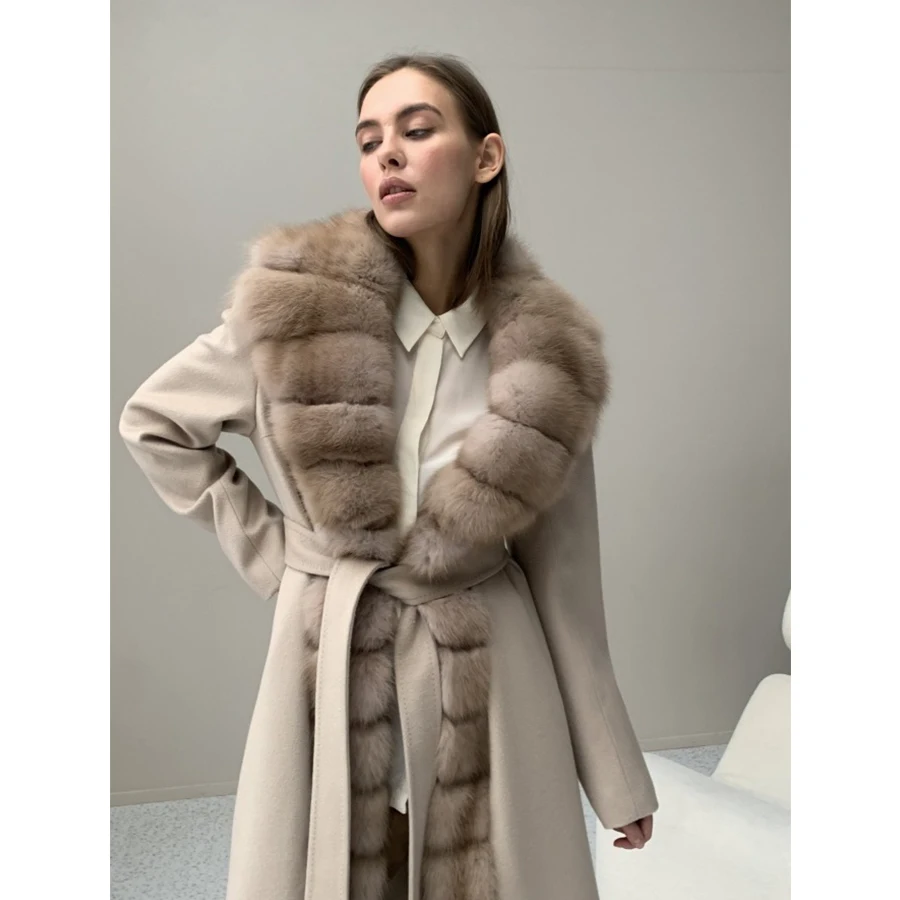 Mùa Đông Mới Cashmere Áo Khoác Len Tự Nhiên Cáo Lông Mùa Đông Ấm Áp Áo Khoác Áo Khoác Lông Thú Nữ Sang Trọng Thực Lông Thú