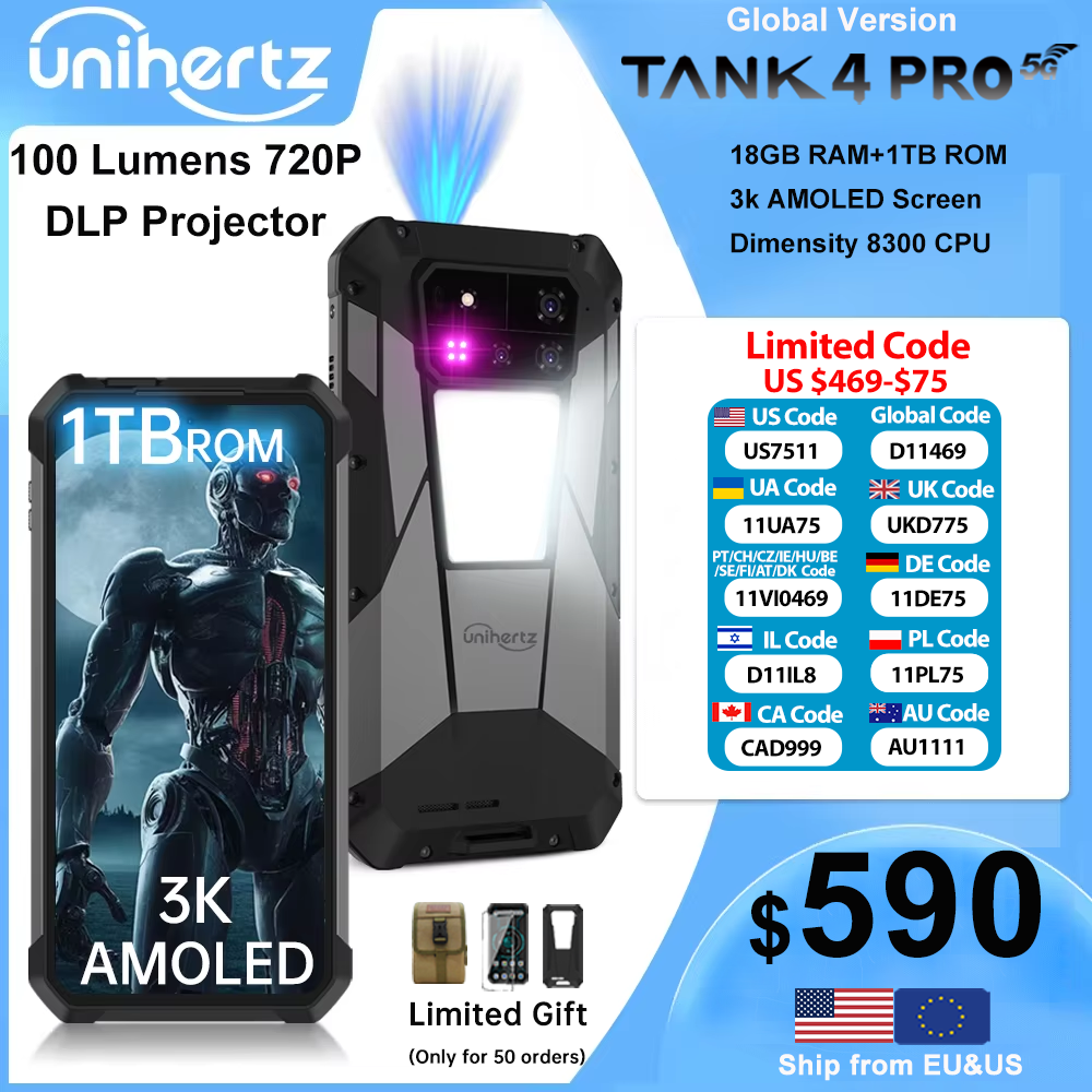 Unihertz Tank 4 pro 8849 teléfono resistente 5G AI proyector 720P incorporado IP68/69 dimensión 8300 512GB/1TB ROM 16GB/18GB RAM 3k AMOLED