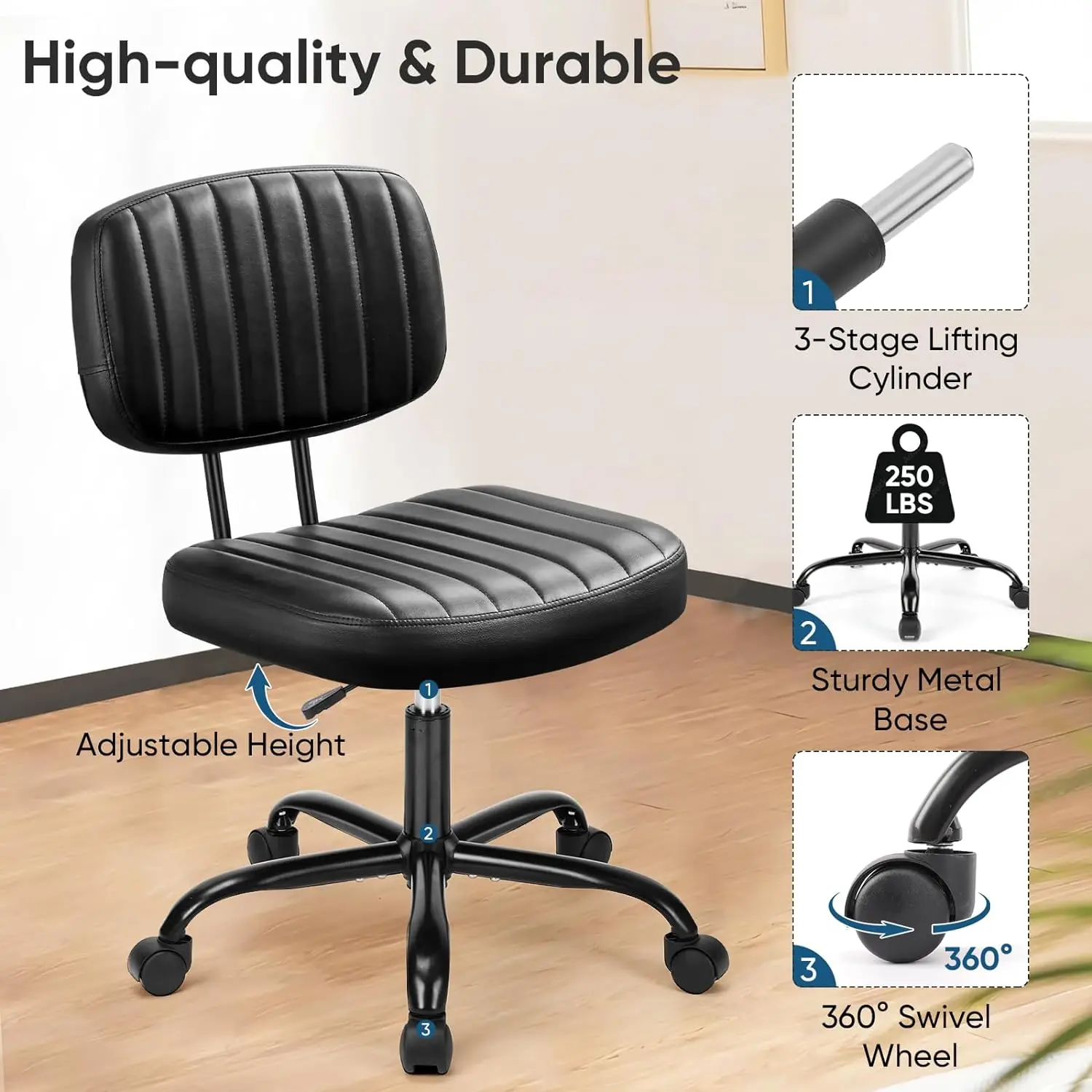 Armless Home Office Desk Chair Ergonomic with Low Back Lumbar Support Height Adjustable  with 360° Swivel Rolling Wheels