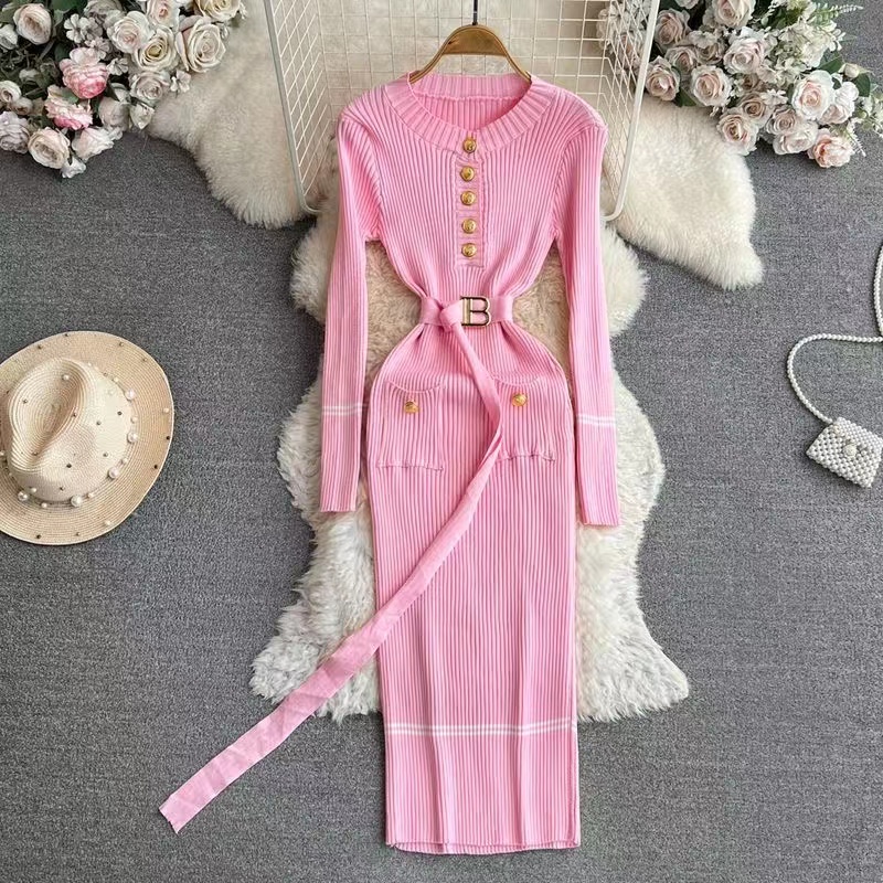 Otoño Invierno mujer vestido de punto marca moda cuello redondo botones ceñido al cuerpo suéter vestido con cinturón señora vestido de oficina