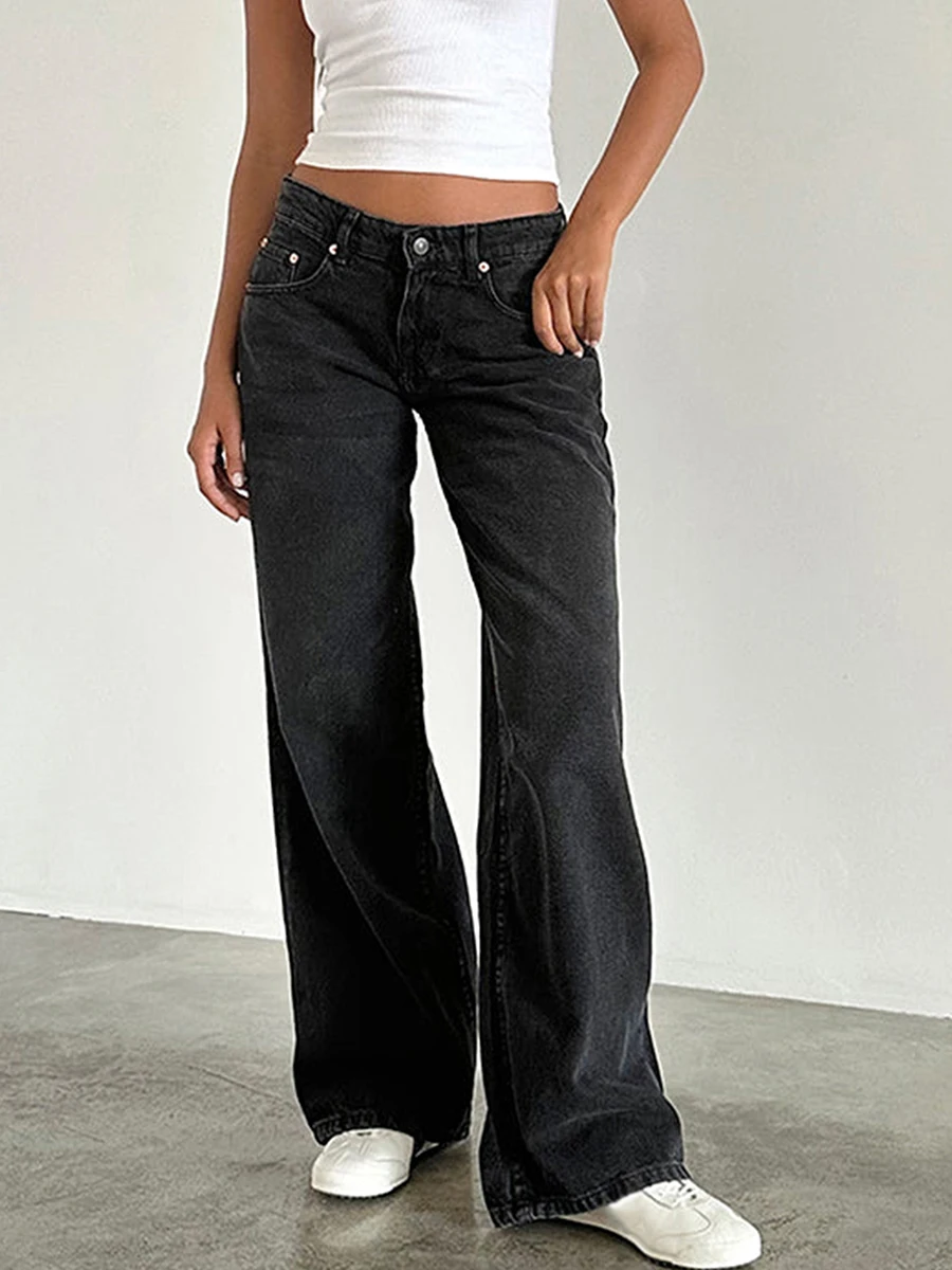 Y2k Vintage Low Rise Jeans dla kobiet Jeans Wide Straight Leg Baggy Jeans Boyfriend Denim Pants with Pocket Streetwear