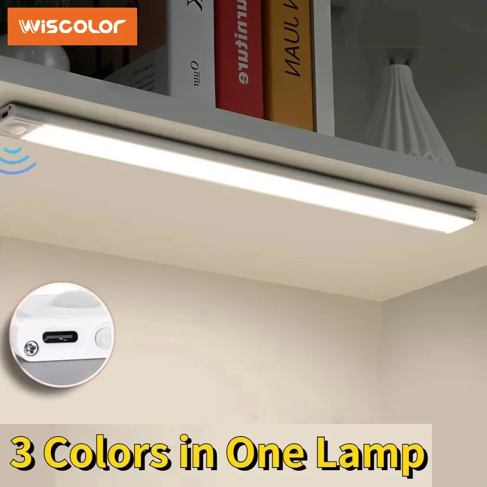 Bezprzewodowa lampa LED do szafek Wiscolor Type-C USB, ładowalna, z czujnikiem ruchu, magnetyczna, do kuchni, szafy, oświetlenie awaryjne.