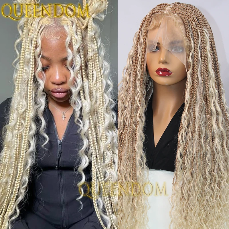 Peluca trenzada bohemia de encaje completo sintético, trenzas en caja de 32 pulgadas, peluca de diosa con pelo rizado, peluca trenzada Cornrow de gradación rubia ombré