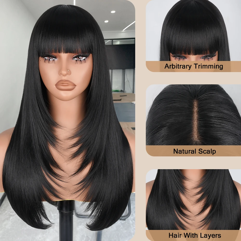 Pelucas de corte en capas rectas con flequillo, encaje HD, cuero cabelludo falso, peluca de encaje en capas naturales sintéticas para mujeres, peluca sin pegamento resistente al calor