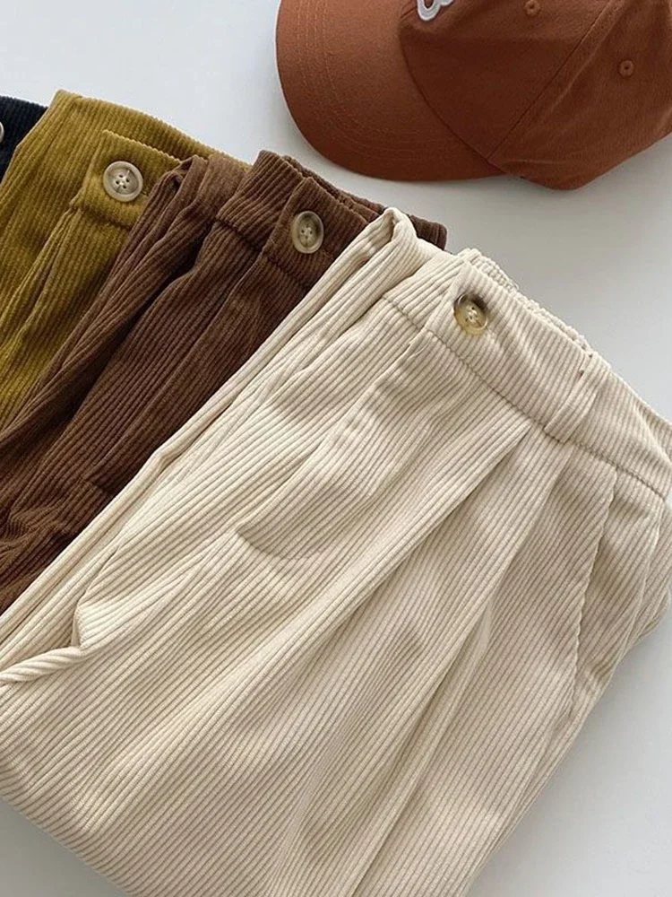 Pantalones Vintage de pana de cintura alta para mujer, pantalones rectos informales de longitud completa, moda coreana, pantalones negros que combinan con todo, primavera y otoño
