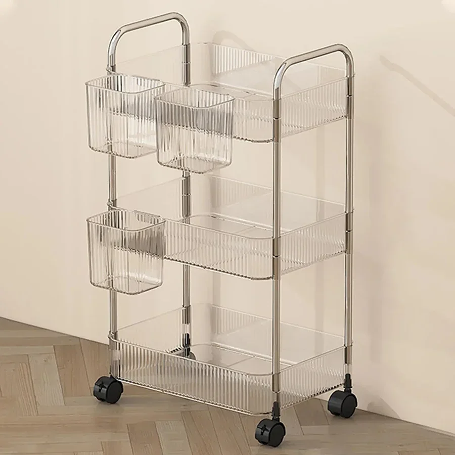 2/3/4 ชั้นหรูหรา Storage Rack รถเข็นอะคริลิคใส Rolling Cart ที่ถอดออกได้แขวนตะกร้าขนมชั้นวางหนังสือ