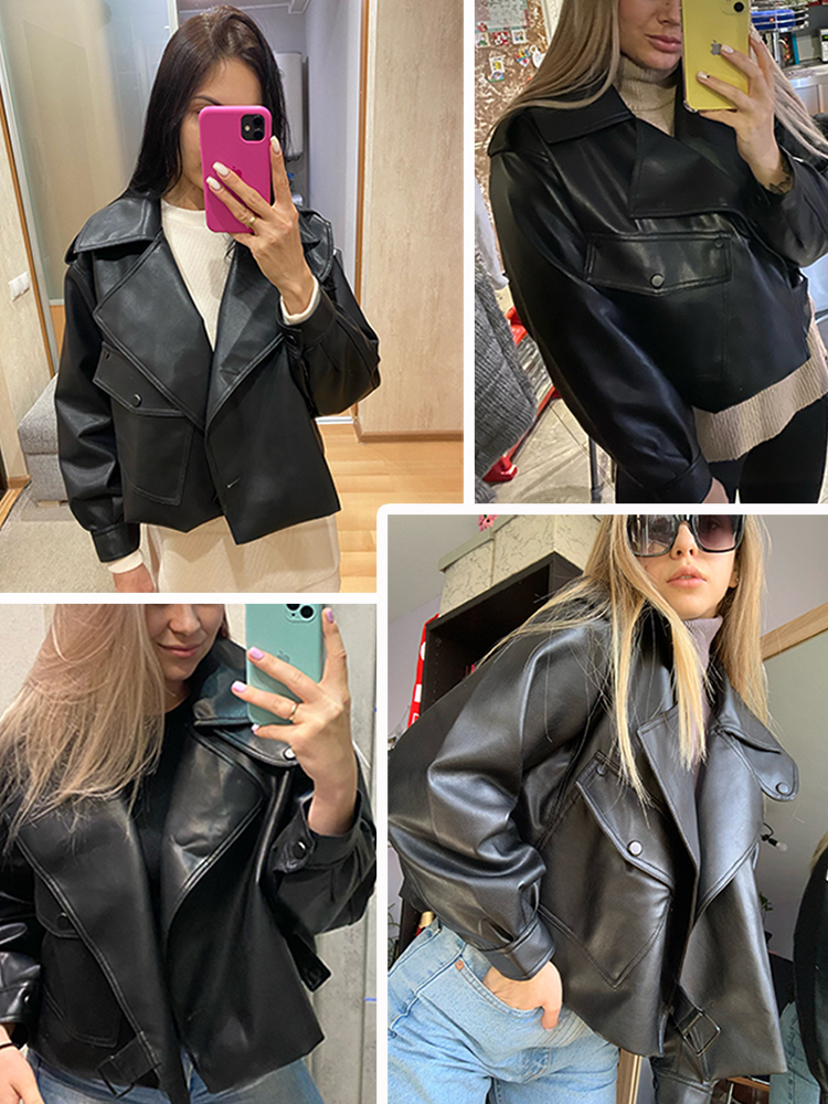 Ftlzz-女性用バイカージャケット,フェイクレザージャケット,赤,白,折り返し襟,ルーズフィット,オートバイ,ストリートウェア,アウター,春