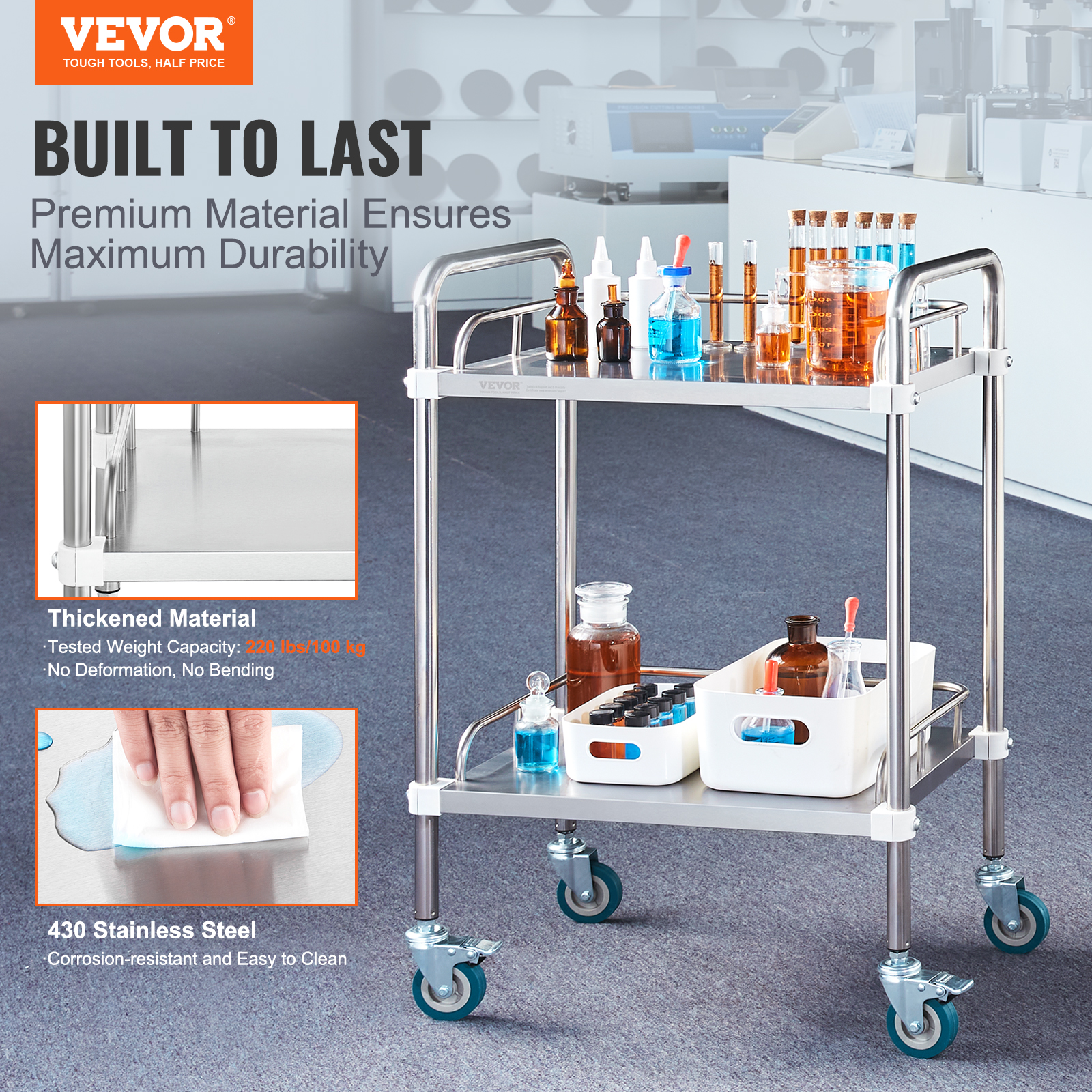 VEVOR Lab Rolling Cart 2-Shelf Stainless Steel Rolling Cart Lab Serving Cart Dental Utility Cart for Clinic Lab Hospital Salon