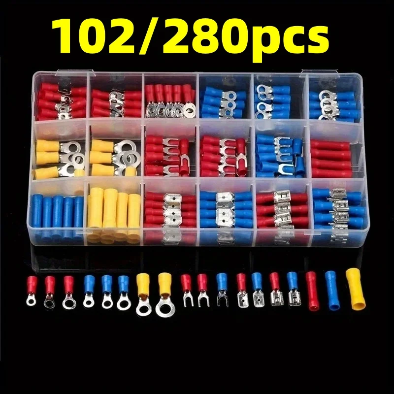 102/280 Uds nuevo conector de Cable aislado Cable eléctrico engarzado pala anillo a tope juego de horquilla terminales enrollados Kit surtido
