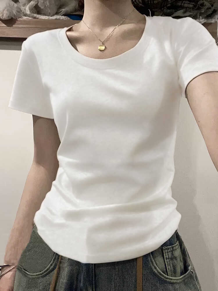 アメリカンスタイル レディース スリムフィット 半袖 Tシャツ 夏 タイトデザイン カジュアル インナー ホワイトカラー コンパクト 肩丈