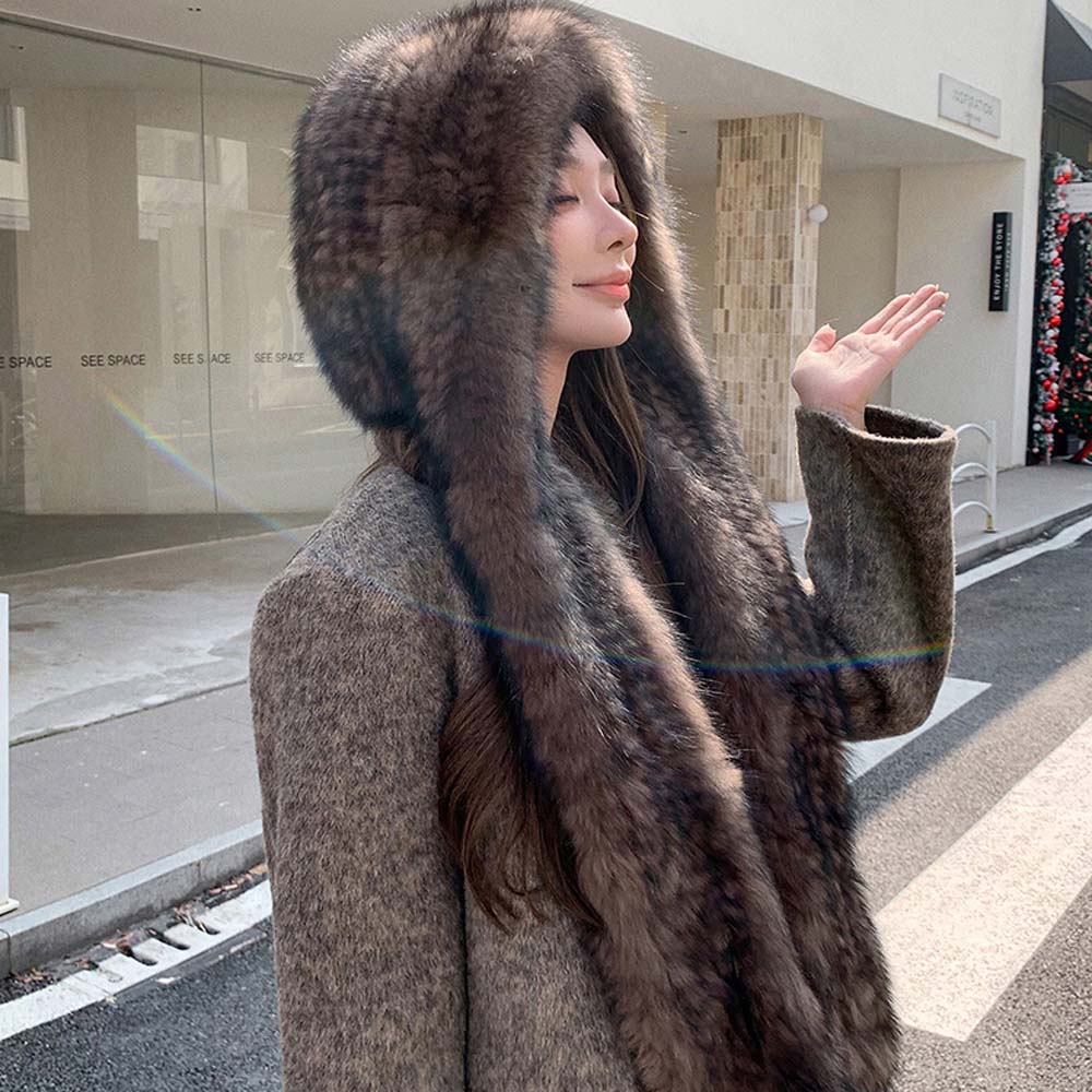 Integrated Hat Scarf Thermal Premium Double Sided Plush Ear Protector Hat Fox Fur Snow Cap Scarf Hat
