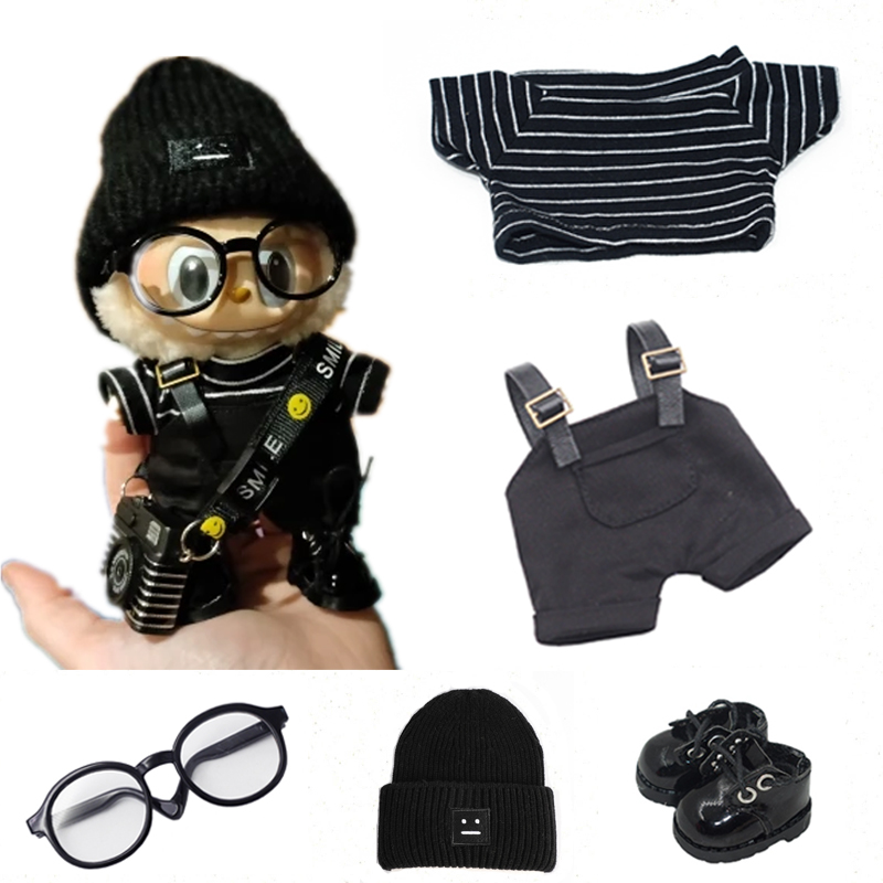 17 cm Mini-Puppenkleidung, Outfit-Zubehör für Labubu V1 V2, gestreifte Overalls, Hüte, Brillen, Schuhe, coole, hübsche Kleidung, Geschenk
