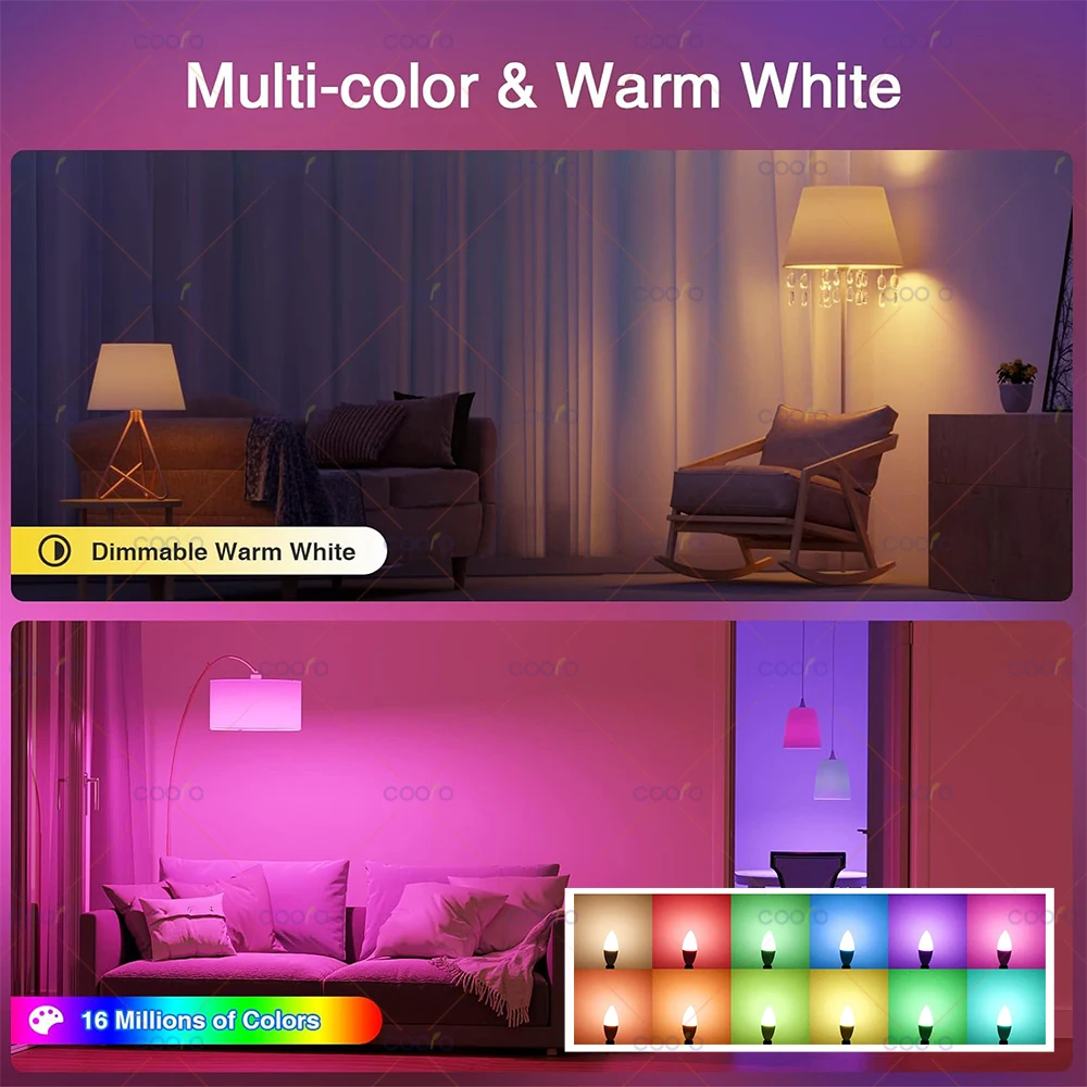 Tuya Wifi E14 Lampada a candela Controllo app Lampadina intelligente Bluetooth RGB + CW Luce LED Dimmerabile Lampade di gruppo di cristallo Funziona con Alexa Google