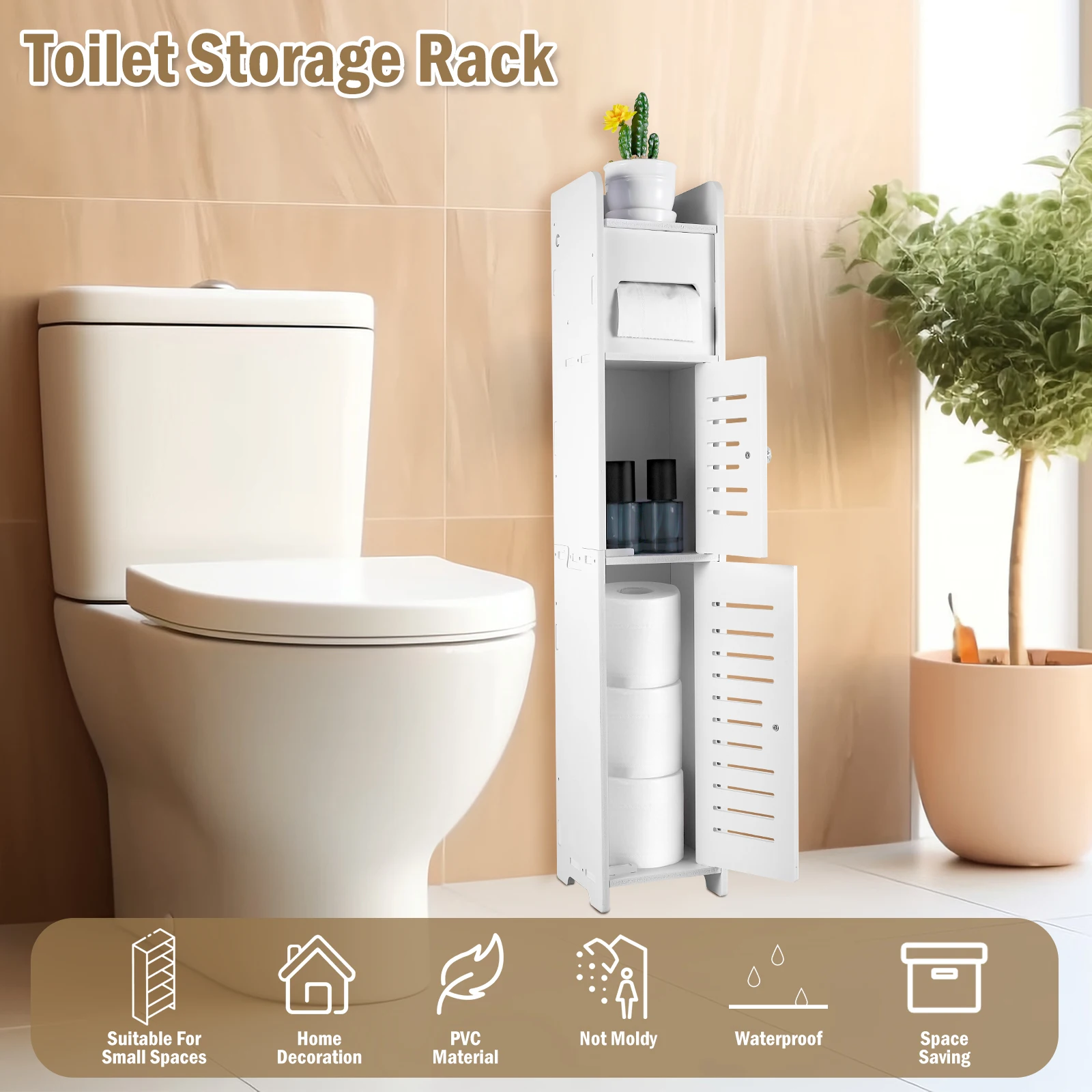 Armadietto portaoggetti per bagno Armadietto da pavimento a 3 livelli Organizzatore con porta Portarotolo per WC sospeso Armadietto portaoggetti per WC stretto