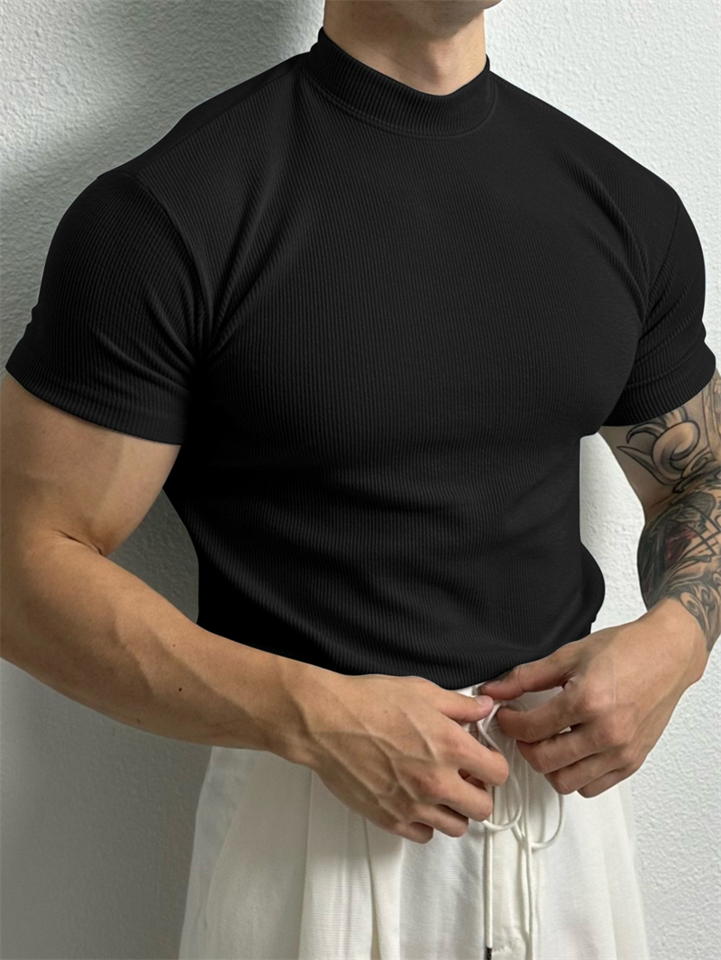 春夏のファッションメンズ Tシャツ小さなハイカラーストライプシャツ半袖フィットネストップレジャースポーツ Tシャツ男性スポーツウェア