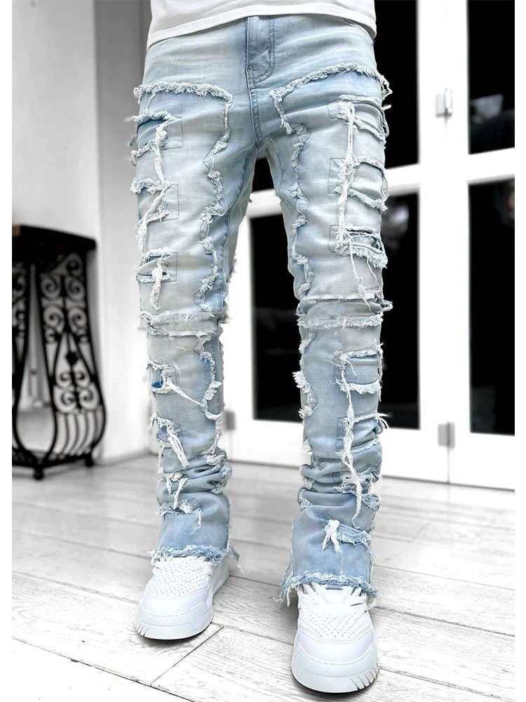 Men's Casual Distressed Jeans Tassels Patchwork Design Slim Fit Solid Color Stretch Denim Pants Straight Leg Streetwear Trousers