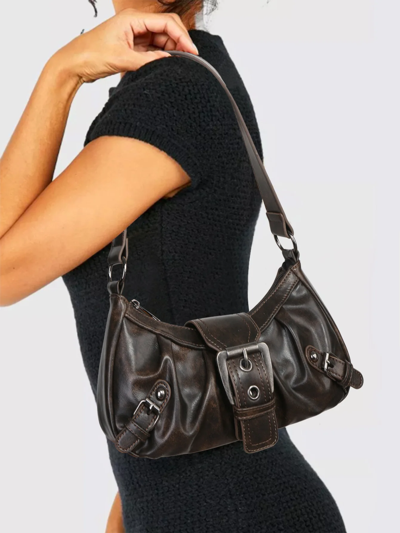 Bolso pequeño de estilo retro de estilo Maillard para chica picante Y2K, bolso de hombro de cuero vintage para axila, primavera 2024