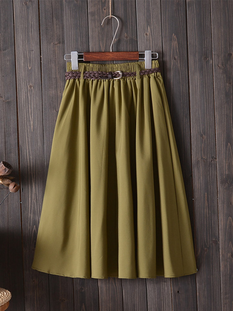 Midi genou longueur jupe d'été femmes avec ceinture mode coréenne dames taille haute plissée a-ligne jupe d'école femme