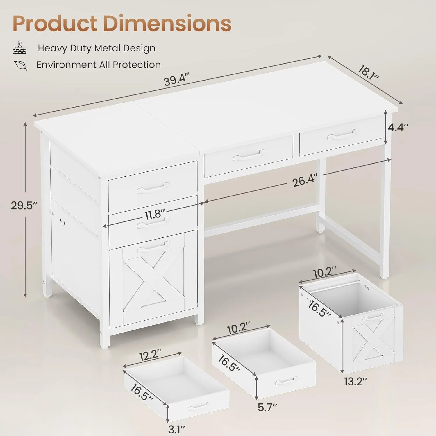 Office Desk with 5 Fabric Drawers, Computer Desk with Drawers,Farmhouse Desk with Headphone Hooks for Home Office (39 inch)