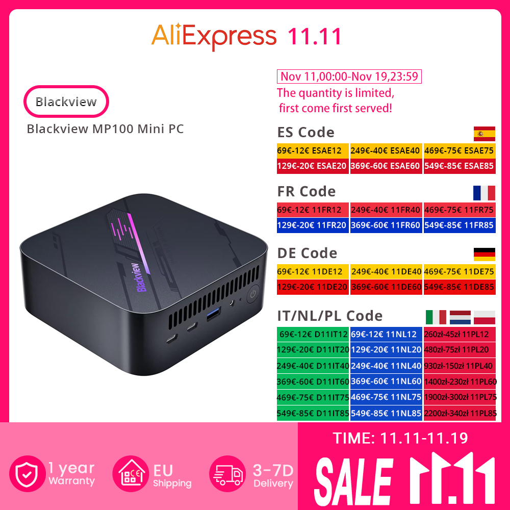 Blackview MP100 Mini PC, AMD Ryzen 7 5700U 8 cœurs maximum 4,3 GHz, 32 Go de RAM 1 To SSD, DP + HDMI + Type-C Triple écran 4K, WiFi 6 BT 5.2