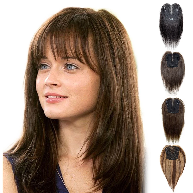 100% cabelo humano 25cm 3d franja de ar 13x12cm rede de cabelo feminino franja reta toppers clipe em postiços com cabelo real