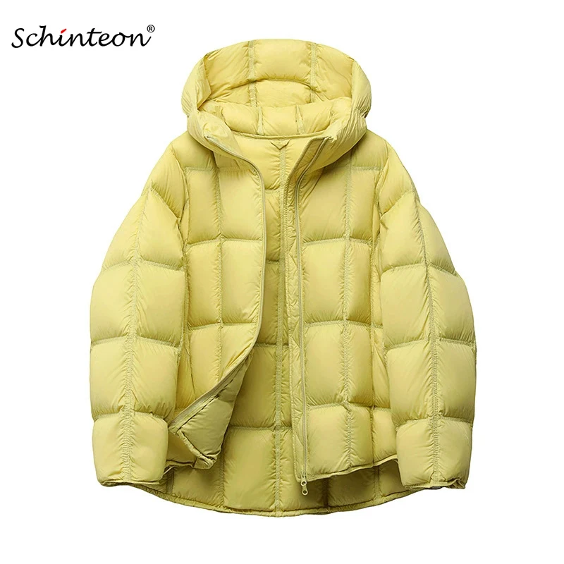 Schinteon feminino luz branca para baixo jaqueta com capuz solto sobre o tamanho casual outono inverno outwear quadrado quente casaco curto 2025 novo