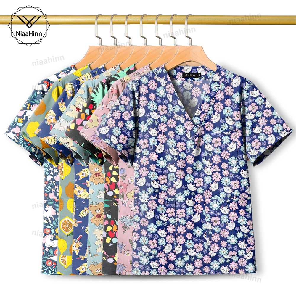 Desenhos animados impressos médicos blusas, vestidos cirúrgicos, uniforme veterinário, médico, pediatra, enfermeira, esfrega de enfermagem, alta qualidade, uniforme dental