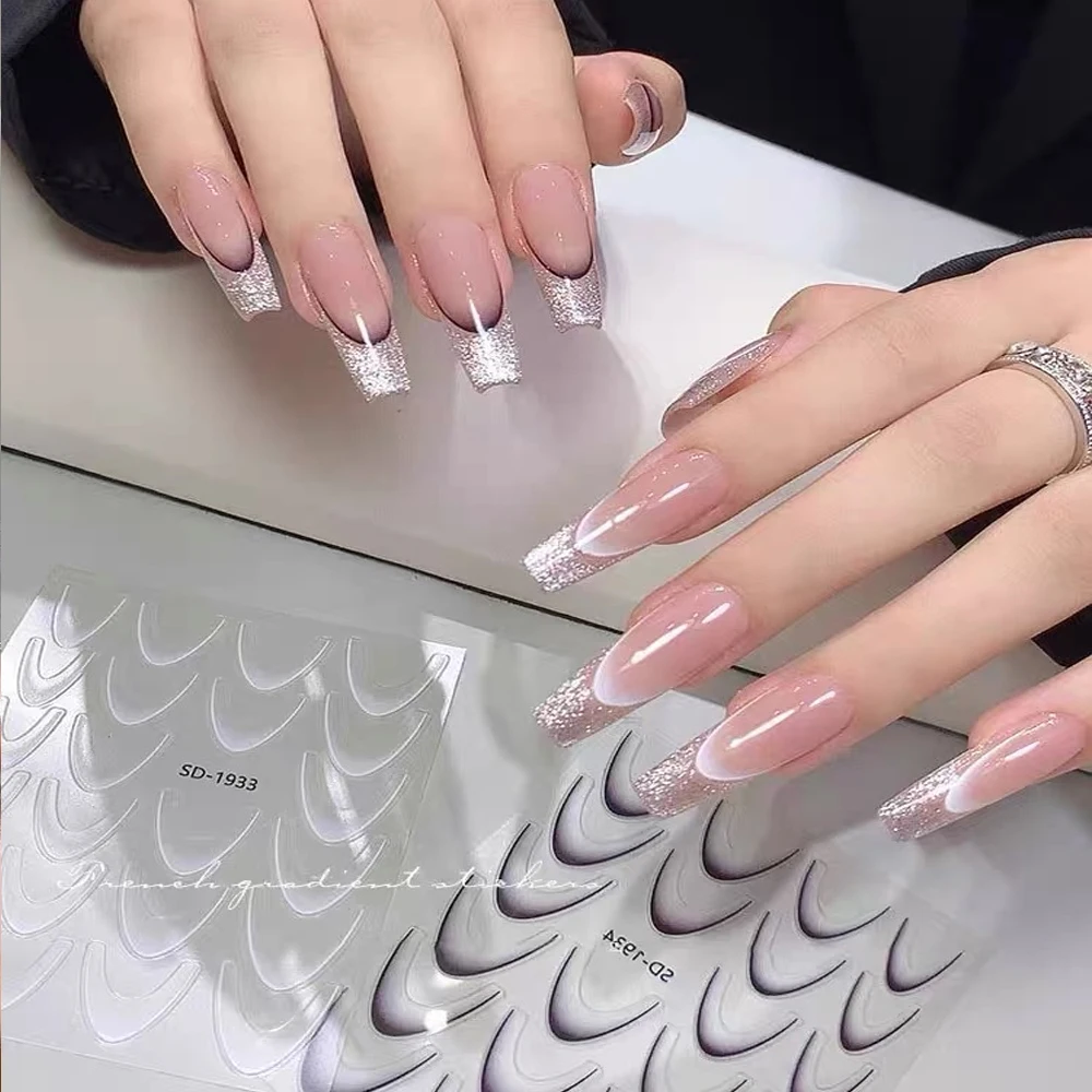 2 แผ่นภาษาฝรั่งเศสคําGradient Lineสติกเกอร์เล็บ 3D Self-Adhesiveสีขาว + สีดําSlider Designลายฉลุเล็บคู่มือDIYตกแต่งเล็บ