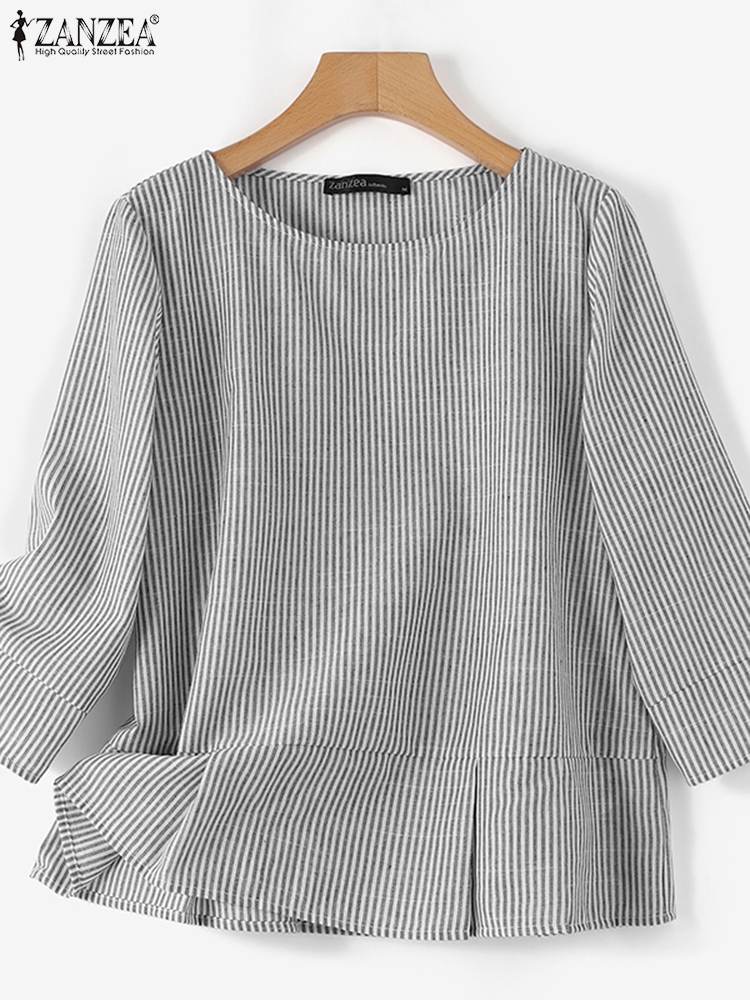 Zanzea เสื้อพิมพ์ลายทางสำหรับฤดูร้อน, เสื้อเบลาส์ลำลองคอกลมเสื้อเบลาส์สตรีแขนยาวลำลองสำหรับวันหยุด