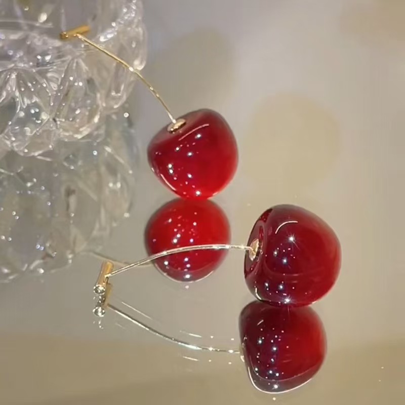 Ladies' Exquisite Cherry Drop Earrings, Sweet Red and Shiny Gold, Daily Wear Jewelry