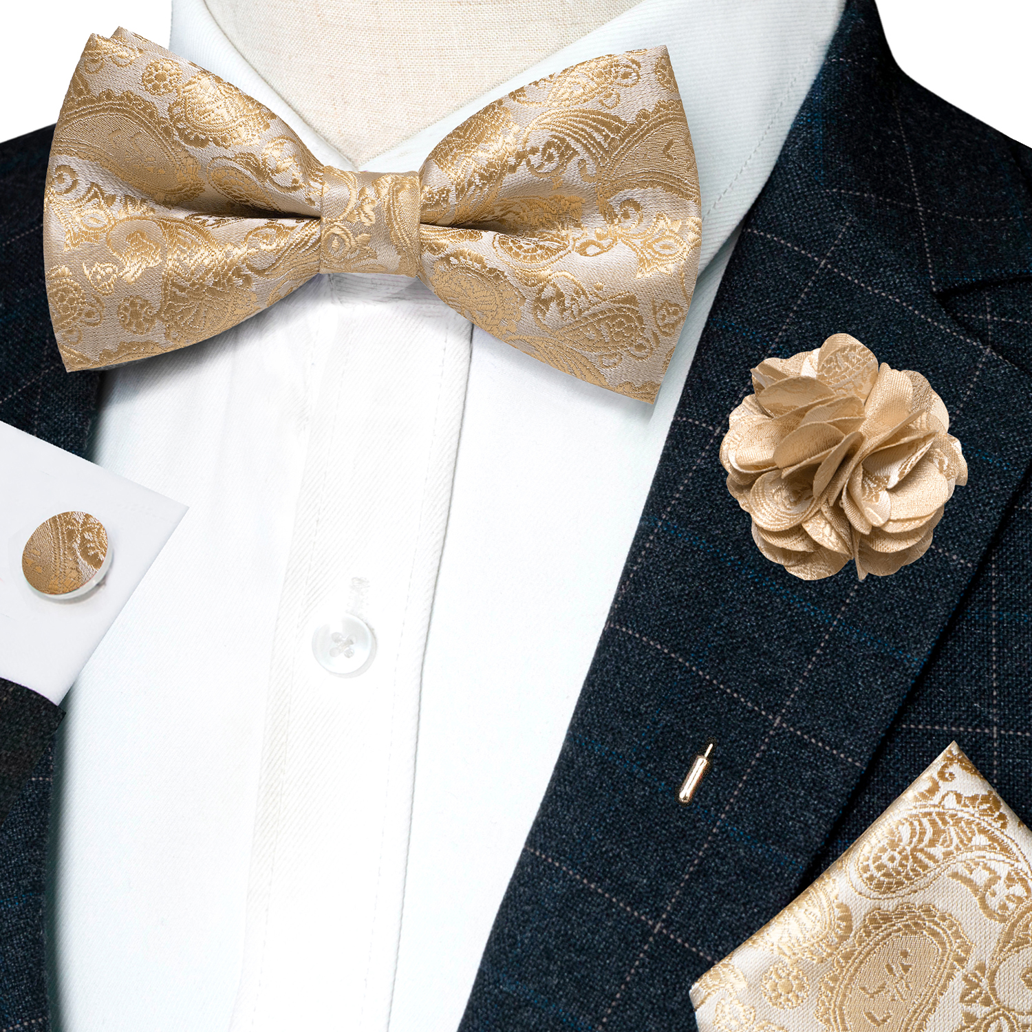 Broche de pajarita de Cachemira Jacquard de seda color champán para hombre, conjunto de gemelos y pañuelo, pajarita con nudo de mariposa preatada para negocios de boda masculino