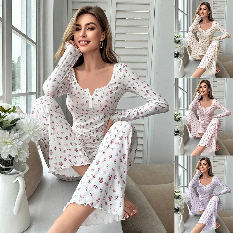 Vêtements de nuit pour femmes, imprimé Floral, garniture en laitue, haut avec pantalon Long, joli vêtement de détente, manches longues, ensemble pyjama printemps automne