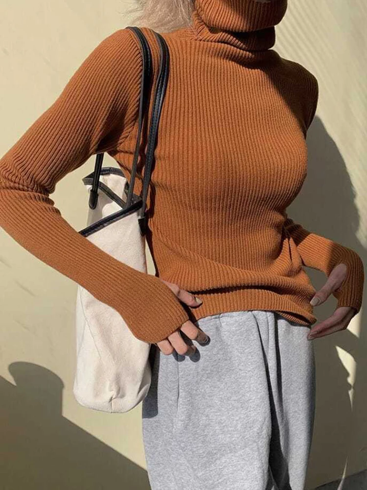 ถักเสื้อกันหนาวผู้หญิงเกาหลีรุ่นเสื้อคอเต่าฤดูหนาวสีทึบPullover SlimmingภายในLapping Warm Basic Tops