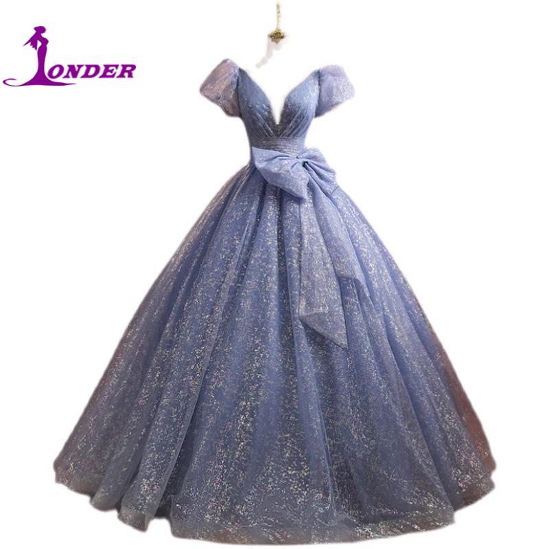 SONDER Bling Bling Blue Elegant Evening Dress Luxury V Neck Formal Occasion Dresses Plus Size Part Prom Ball Gown Customized L