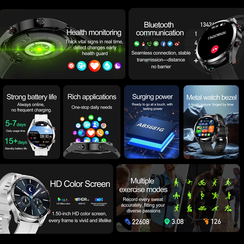 ChiBear Novo 1.53 polegadas Bluetooth Chamada Relógio Inteligente Homens Modo Multi-Sport Freqüência Cardíaca Monitoramento de Saúde À Prova D 'Água Negócios Smartwatch