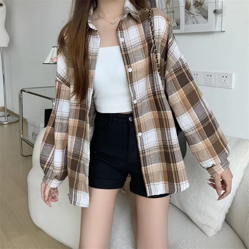 Camicia a quadri Donna Moda Autunno Top a maniche lunghe Camicetta monopetto vintage femminile Camicie a quadri larghe stile preppy da donna