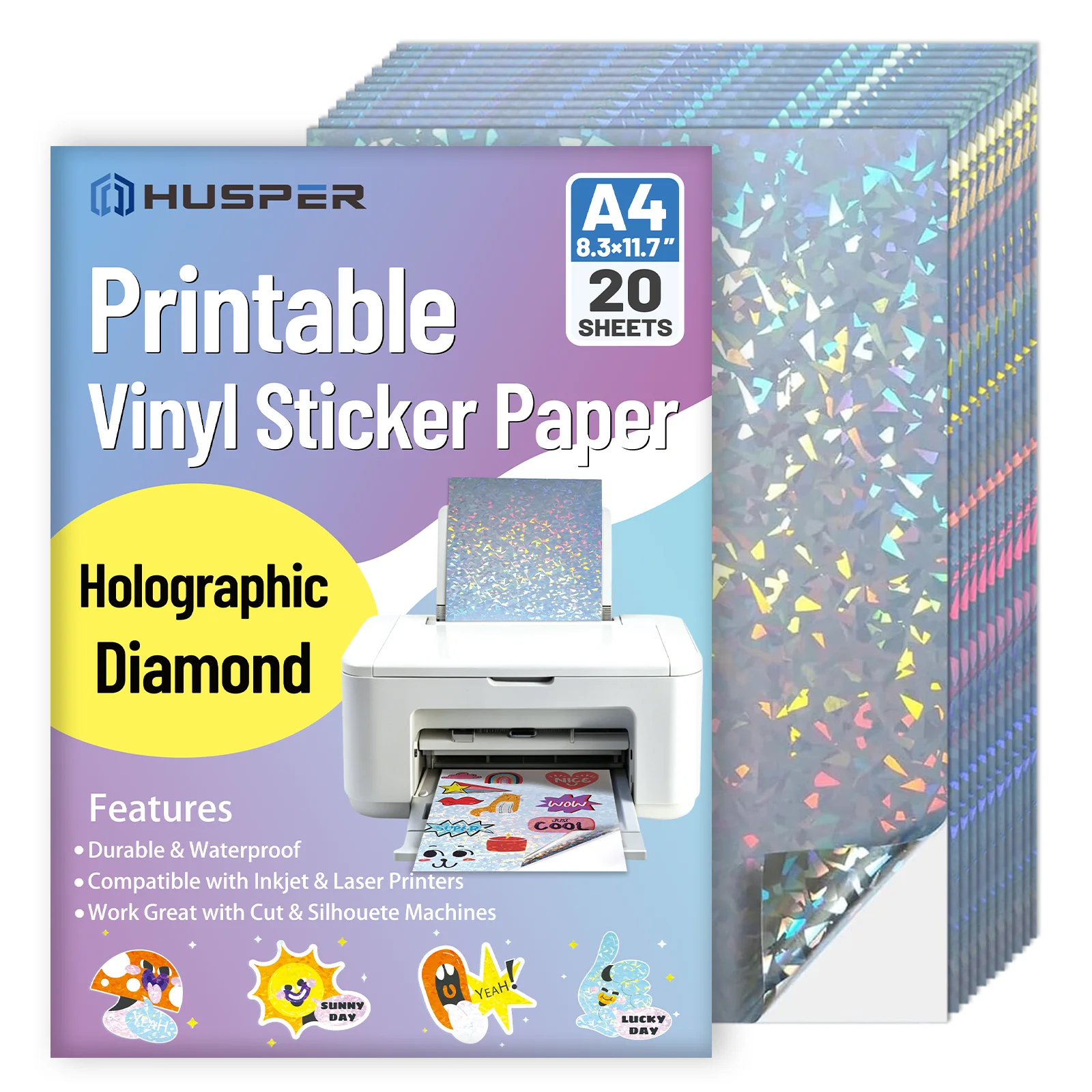 20 hojas de papel adhesivo de vinilo de diamante A4, papel adhesivo impermeable para inyección de tinta y imprimible con láser, vidrio roto para etiquetas artesanales