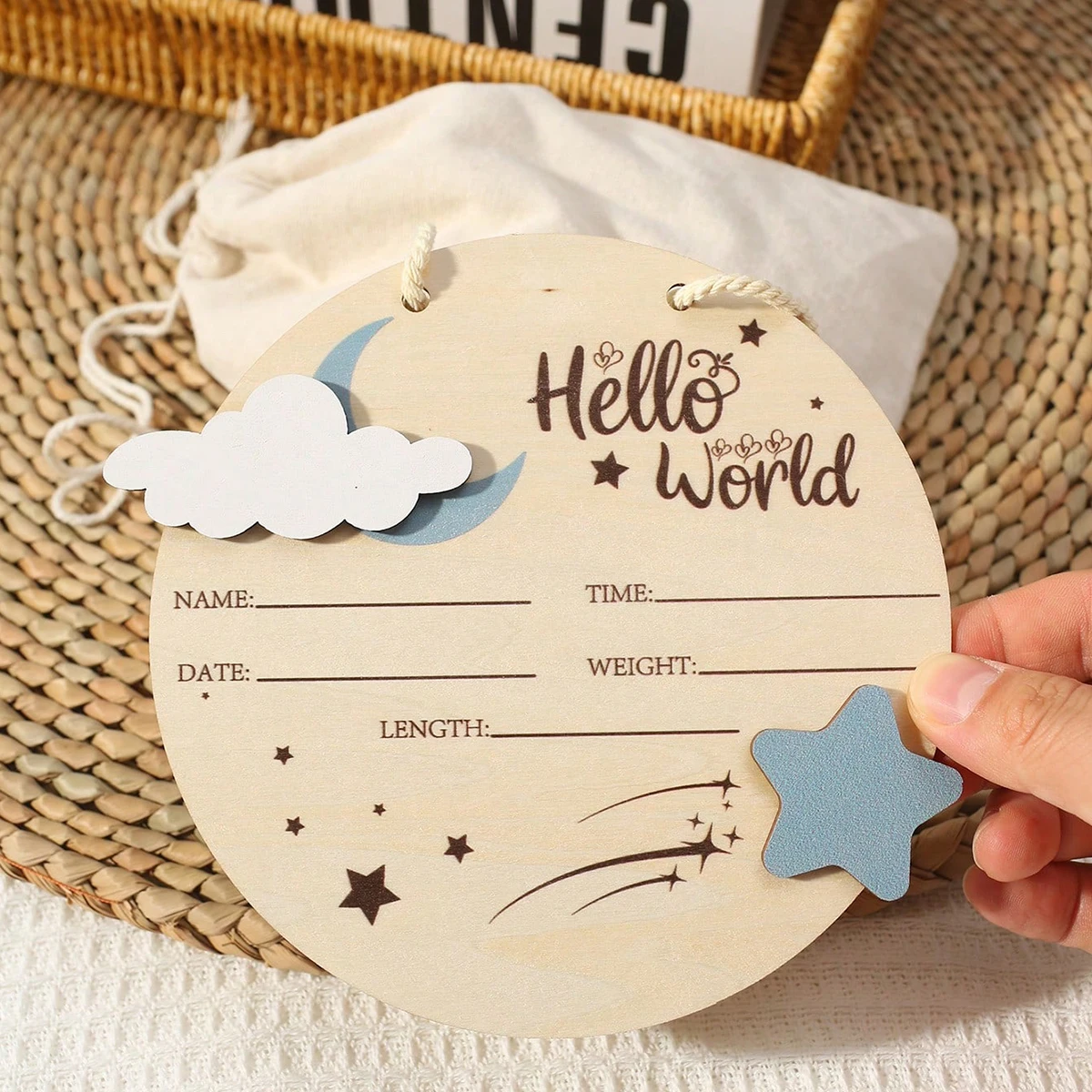 Ylsteed 1PC Noworodek Rekwizyt fotograficzny Drewniany Hello World Starlit Sky Noworodek Drewniany wiszący rekwizyt Śliczna tablica urodzinowa Ogłoszenie dziecka