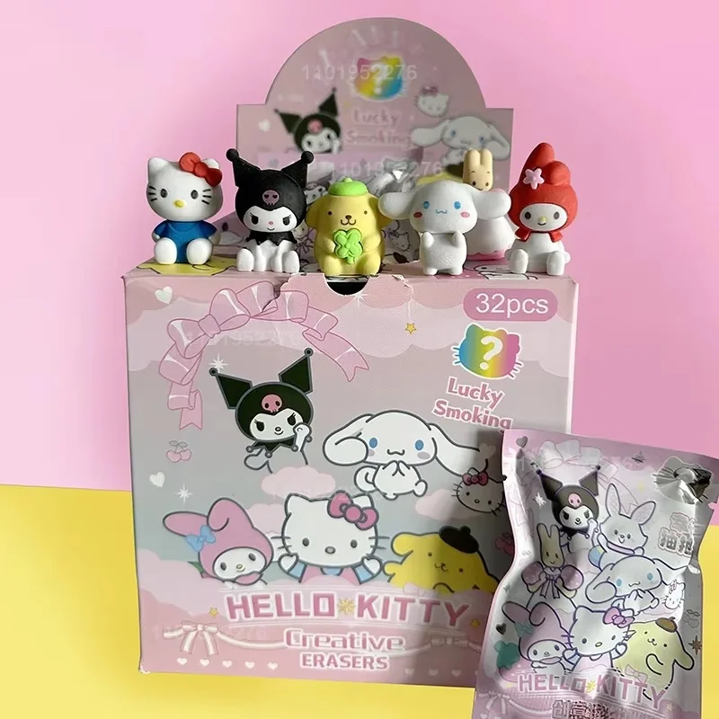 子供のためのサンリオ鉛筆消しゴム、学用品、ハローキティ、私のメロディークロミシナモロール、学生文房具、卸売、32ピース/箱
