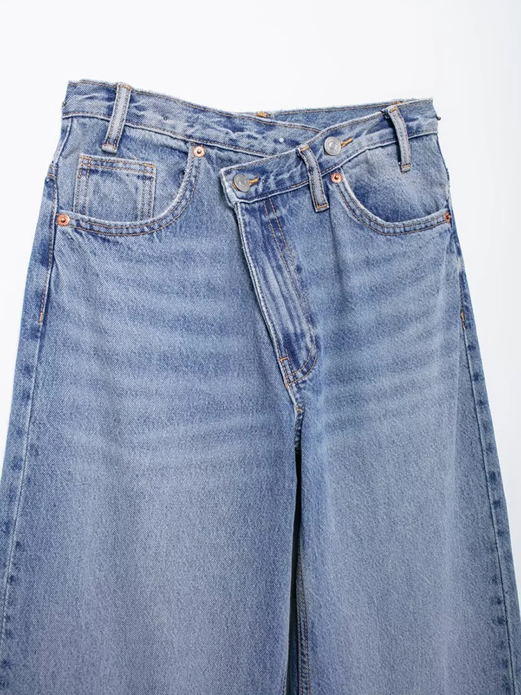 Women's Basic Hundred Jeans Neue Mode Asymmetrisches Design Hohe Taille Weites Bein Hose Casual Women's Straight Leg Jeans