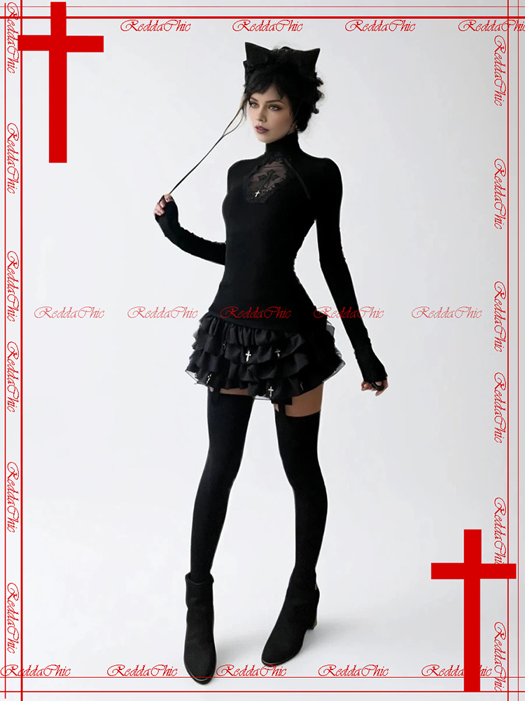 REDDACHiC Alt Goth Cross Decor สีดํา Bloomers Retro Elastic เอวฉัตร Ruffle เค้กฟักทองกางเกงขาสั้นกางเกง Lolita ผู้หญิงกางเกง