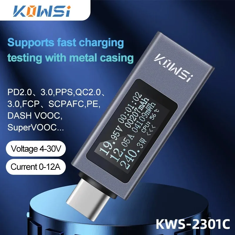 KWS-2301C Type-C 전류 및 전압 모니터 DC 4-30V 0-12A 전력계 테스터 PD 배터리 용량 디지털 LCD 디스플레이 미터