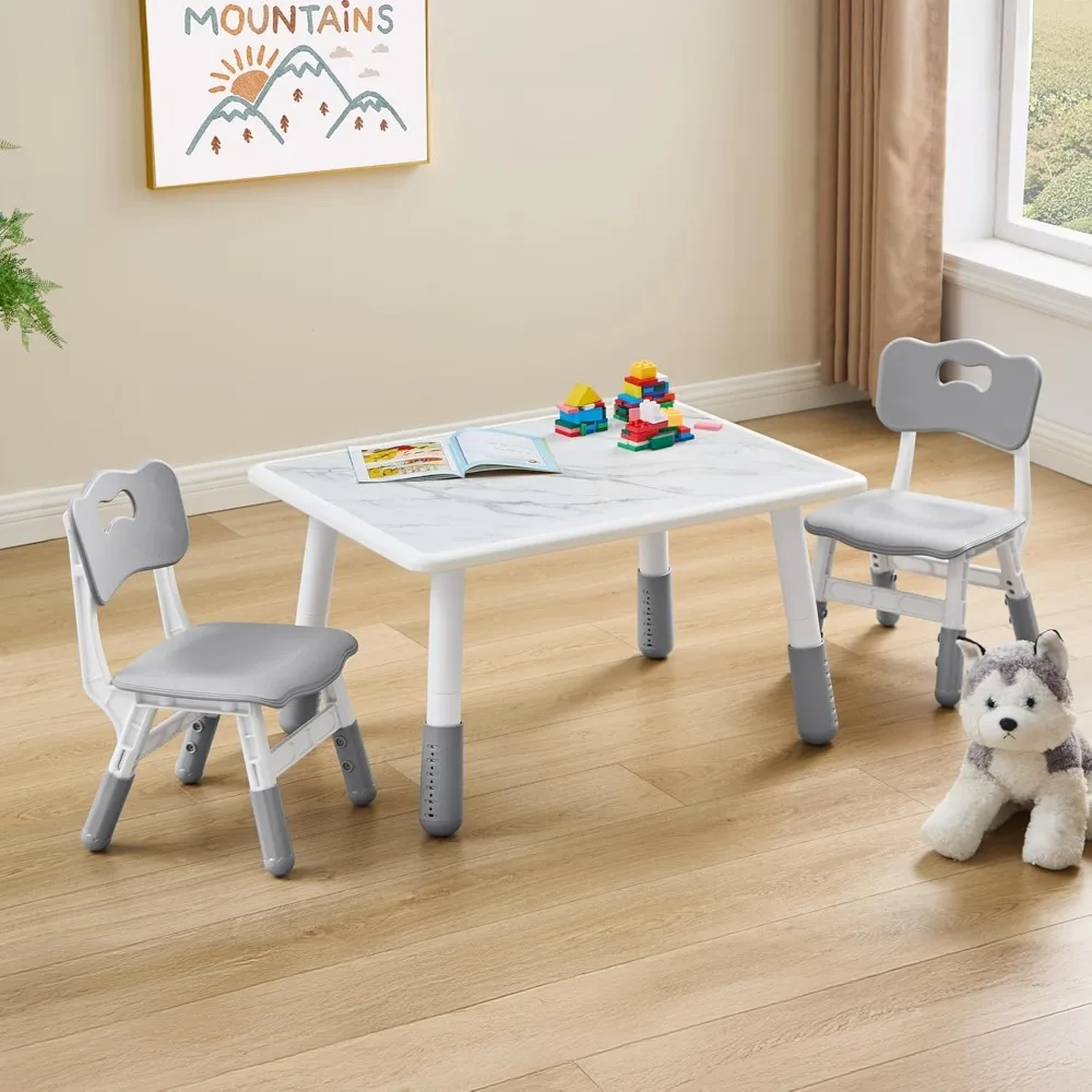 Toddler Table and 2 Chairs Set, Height Adjustable Kids Table and Chairs, 31.5''L x 23.6''W, Marble Pattern & Graffiti Desktop