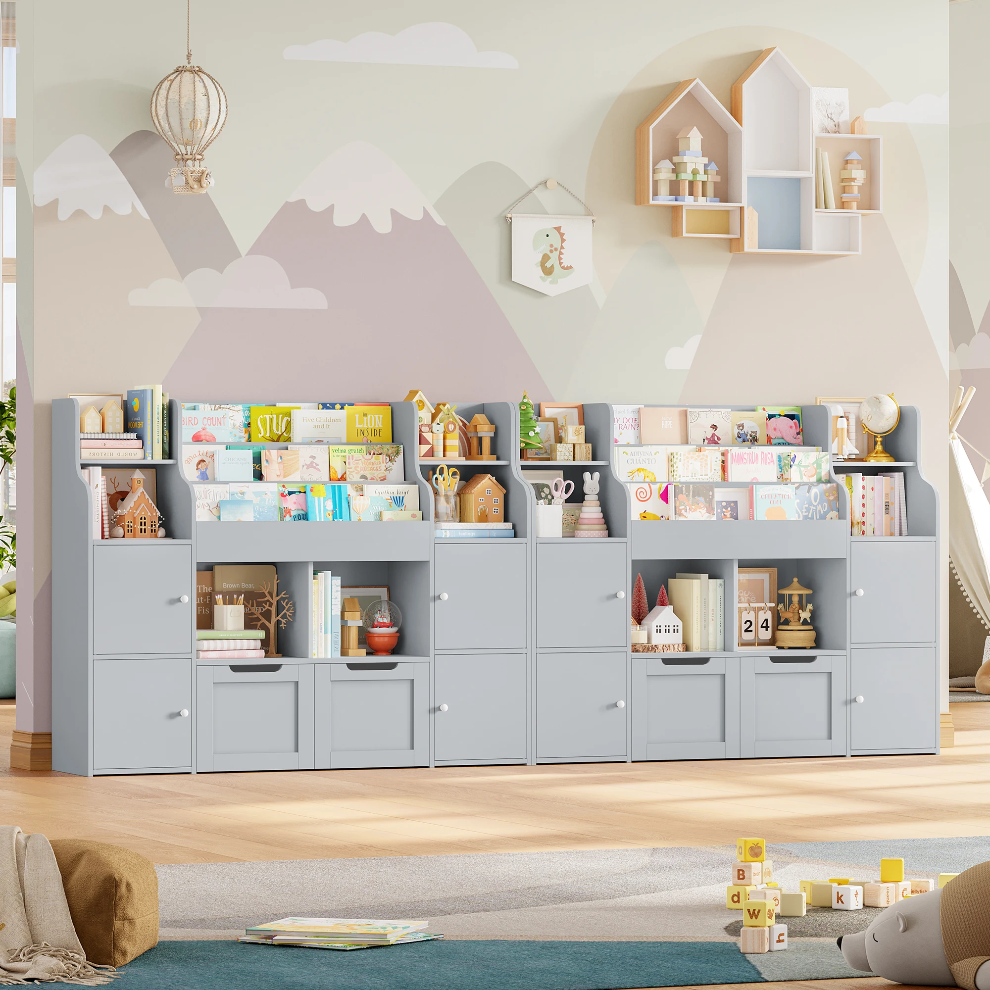Getone Toy Storage , Childrens Bookcase,Unit 3-tier Kids Bookshelf, Kids Storage with 2 Drawers with Wheels, 4 Doors, 6 Open Shelves,multi-functional toy storage unit122x30x100cm