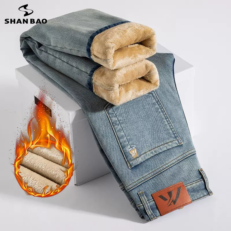 Pantalones vaqueros cálidos y gruesos de lana para hombre, pantalones vaqueros elásticos informales de pierna recta, clásicos, Retro, a la moda juvenil, para invierno