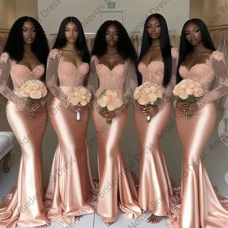 Aangepaste Lange Mouwen Zeemeermin Perzik Afrikaanse Bruidsmeisjekleding Bruiloft Jurken vestido de festas elegante casamento
