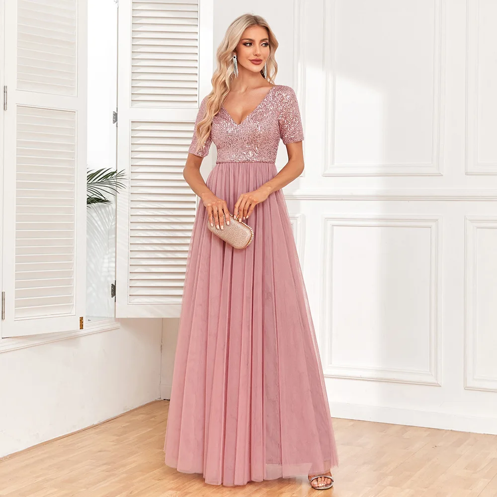 Vestido elegante de manga corta con bordado de encaje para mujer, traje de noche con lentejuelas, cuello en V, línea A, dama de honor, fiesta, graduación, 2024
