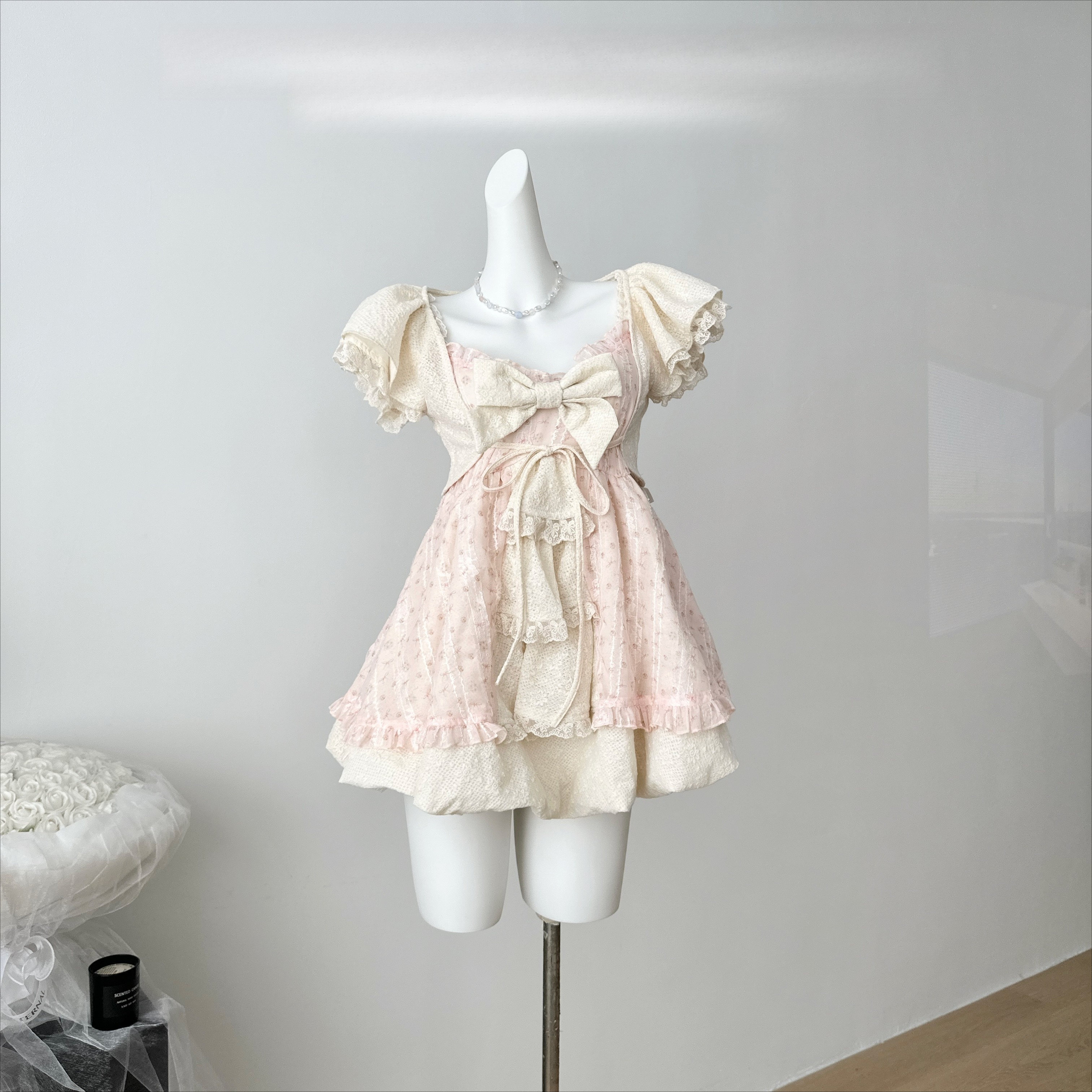 Милое кружевное платье в стиле Лолиты с бантом, женская многослойная юбка с пышными рукавами и рюшами в стиле принцессы, винтажная одежда Cottagecore Fairycore Kawaii